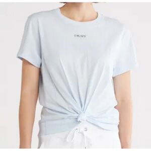 DKNY Blouse Tee Women L Blue Metallic Bubble Logo‎ Knot Front T-Shirt Casual
